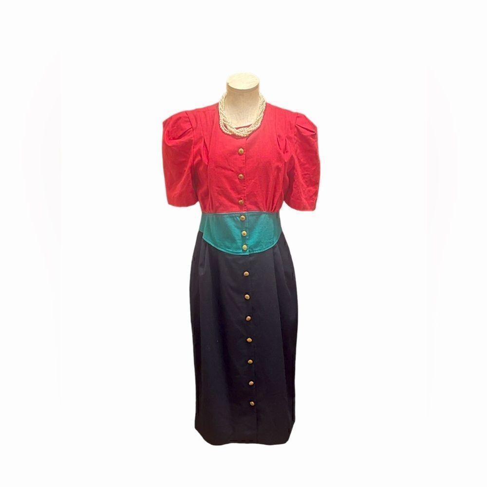 Vintage Leslie Fay Color Block Button-Up Dress - Timeless Style